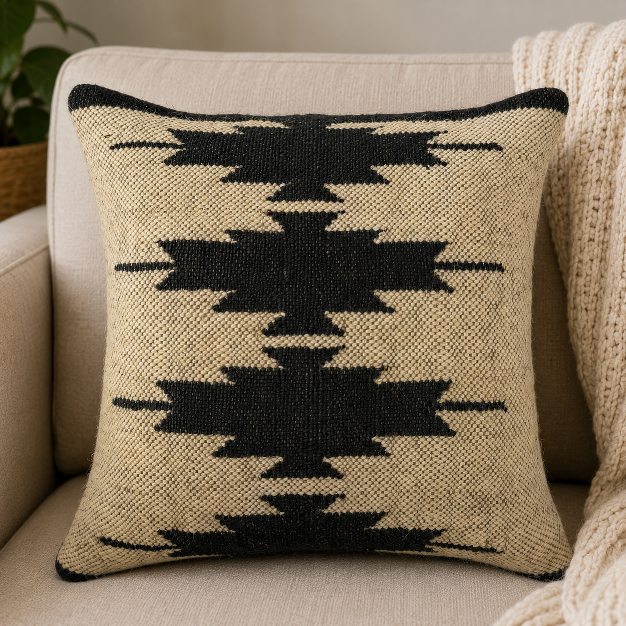 Dark Red & Beige Aztec Triangle Kilim Cushion Cover | Southwestern Geometric Woven Pillow